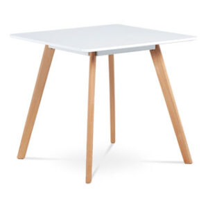 Jídelní stůl 80×80 cm, MDF, bílý matný lak, masiv buk, přírodní odstín