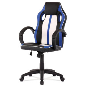 Herní židle, modrá, bílá a černá ekokůže, houpací mechanismus